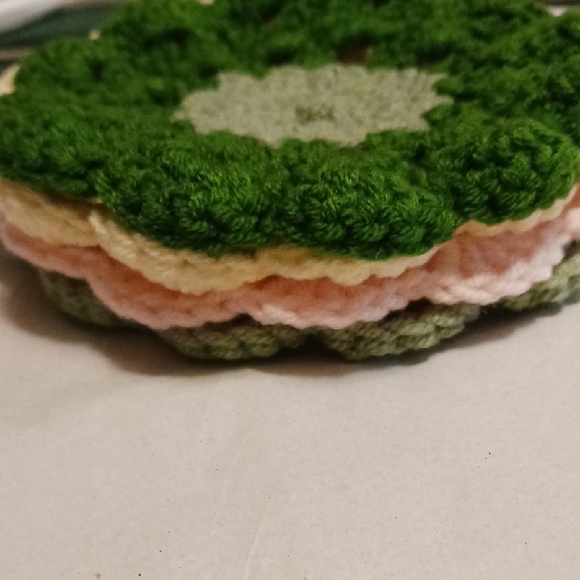 Handmade Crochet Flower Coasters Set - Green, Pink, Yellow, Brown - Picture 8 of 9